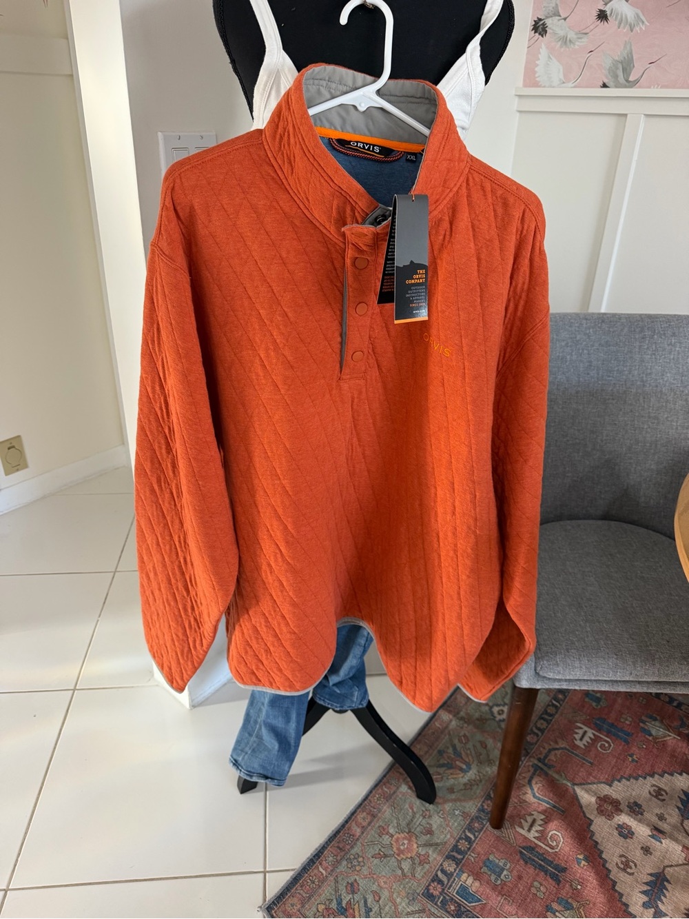 Orvis Quilted Orange NWT Mens XXL Cotton Pullover 1/4 Button Outdoor